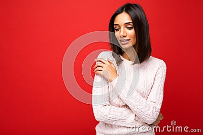 Photo of nice attractive lovely cute winsome sad upset sorrowful brown-haired woman wearing casual outfit isolated on Stock Photo