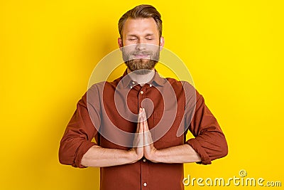 Photo of nice calm man wear trendy clothes palm together pleading begging want wish desire dream came true isolated on Stock Photo