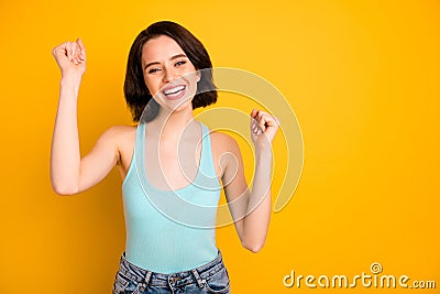 Photo of nice cheerful good glad girlfriend wearing jeans denim rejoicing with happiness of victory while isolated with Stock Photo