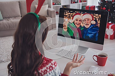 Photo of nice sociable friendly lady sit pc distance remote meeting talk wear pullover in decorated home indoors Stock Photo