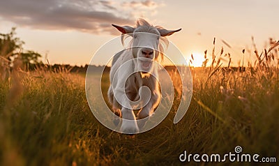 photo of Oberhasli goat jumping happily in tall grass at sunset. Generative AI Stock Photo