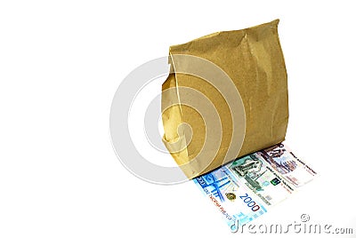 Paper bag and paper money on white background Stock Photo
