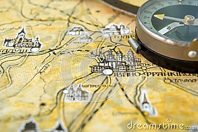 Photo of old vintage map on aged page with compass Stock Photo