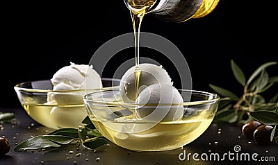 Photo of olive oil being poured over a bowl of olives Stock Photo