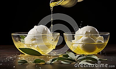 Photo of olive oil being poured over a bowl of olives Stock Photo