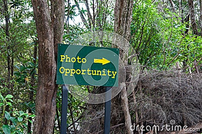 Photo opportunity sign in yellow text on green background Stock Photo