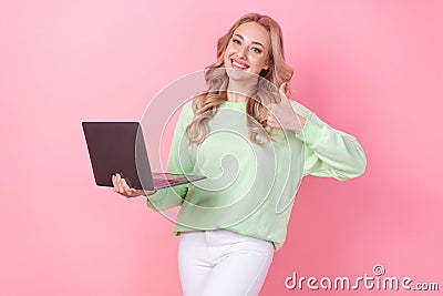 Photo of optimist young woman blonde curls wearing green sweatshirt thumb up like symbol feedback laptop isolated on Stock Photo