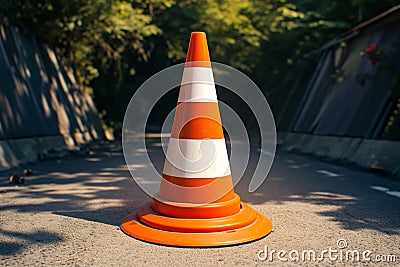 Photo Orange and white street cone against natural background, caution symbol Stock Photo