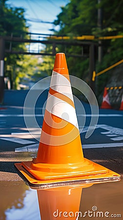 Photo Orange and white street cone against natural background, caution symbol Stock Photo