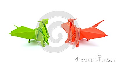 Photo of origami green and red dragons isolated on white background Stock Photo
