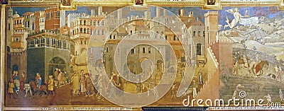 Photo of the original fresco `Effect of Good Government on City and Countr` by Ambrogio Lorenzetti. Editorial Stock Photo