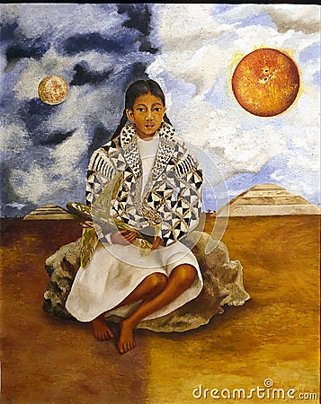 Photo of the original painting `Portrait of the Girl from Tehuacan, Lucha Maria, or the Sun and the Moon` by Frida Kahlo. Editorial Stock Photo