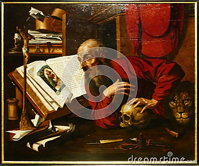 Photo of the original painting by the unknown medieval Flemish painter: `Saint Jerome in his study' Editorial Stock Photo