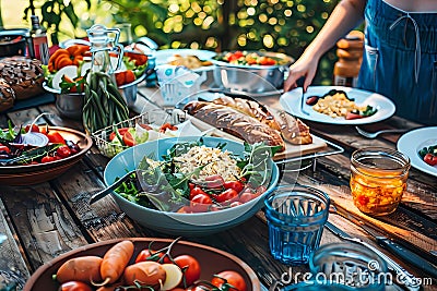 A photo of an outdoor dining table with various dishes, including salad and vegetables in blue bowls. Ai Generated Stock Photo