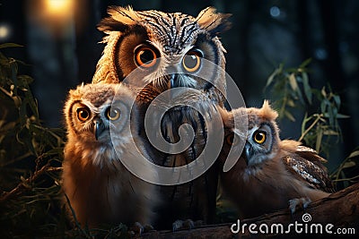 Photo of an Owl and owlets in macro photography Stock Photo