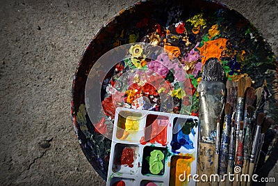 Photo of paintbrushes closeup and artist palette from thailand Stock Photo