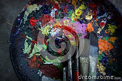 Photo of paintbrushes closeup and artist palette from thailand Stock Photo