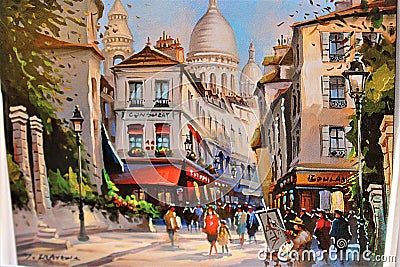 France, Paris - May 2023 - painting of Montmartre with the Basilica of Sacred Heart in Paris Editorial Stock Photo