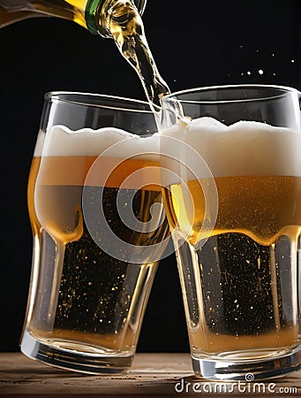 Photo Of Pair Of Beer Glasses Making A Toast, Beer Splash. Generative AI Stock Photo
