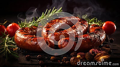 Photo of a pair of sizzling sausages on a hot grill Stock Photo