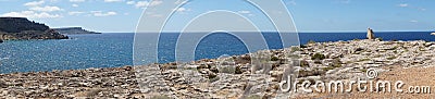 Photo panorama. Cape in the Mediterranean Sea near the Cumnija Sewage Treatment Plant. Mellieha, Malta Stock Photo