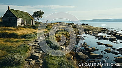 Dreamy Coastal Landscape With Grassy House By The Water Stock Photo