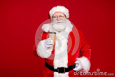 Photo of pensioner grandpa grey beard hold cup drink eggnog cheerful satisfying delicious taste comfy wear costume Stock Photo
