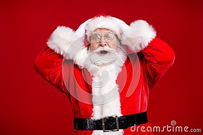 Photo of pensioner old man grey beard open mouth hands head shocked terrified late newyear party event wear santa Stock Photo