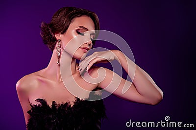 Photo of perfect baroque lady touch face attract rich millionaire guy on corporate party isolated vivid background Stock Photo