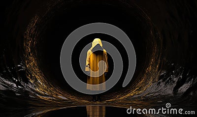 Photo of a person in a yellow raincoat standing in a dark tunnel Stock Photo