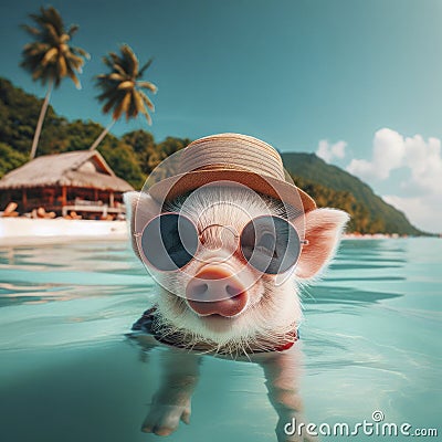 Photo Pig swimming on a beach. ai generative Stock Photo