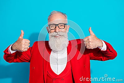 Photo portrait aged man in glasses showing like thumb-up sign isolated bright blue color background Stock Photo