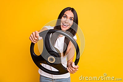 Photo portrait crazy brunette keeping steering wheel want to get license on vivid yellow color background Stock Photo