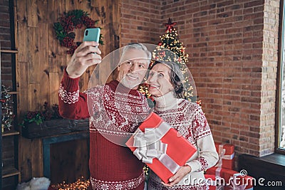 Photo portrait elder couple taking selfie together with new year presents in decorated apartments Stock Photo