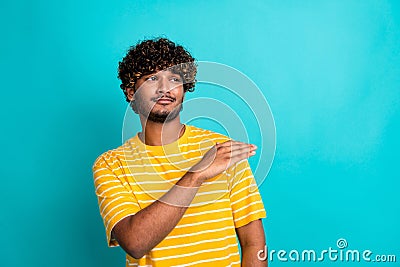 Photo portrait of handsome young guy remove dust shoulder arrogant dressed stylish striped yellow outfit isolated on Stock Photo
