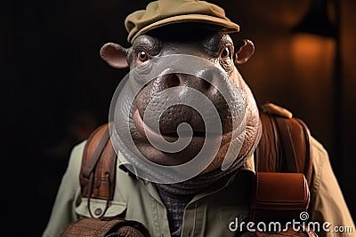 Photo portrait of happy hippopotamus wearing travel clothes, created with Generative AI technology Stock Photo