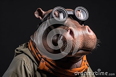 Photo portrait of happy hippopotamus wearing travel clothes, created with Generative AI technology Stock Photo