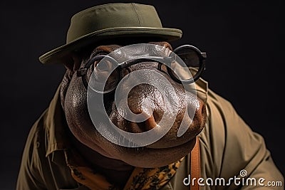 Photo portrait of happy hippopotamus wearing travel clothes, created with Generative AI technology Stock Photo