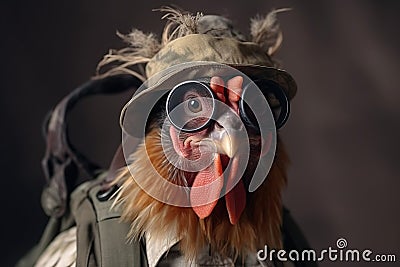 Photo portrait of happy rooster wearing glasses travel clothes, created with Generative AI technology Stock Photo