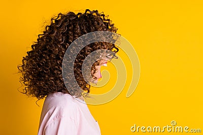 Photo portrait profile of screaming woman's face covered by hair isolated on vivid yellow colored background Stock Photo