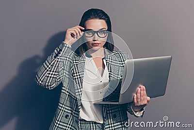 Photo portrait of serious focused confident concentrated she her office secretary holding thin notebook in hands Stock Photo