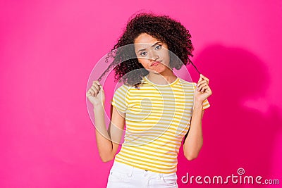 Photo portrait of upset young girl unruly hair need help dressed stylish yellow striped clothes isolated on shine pink Stock Photo
