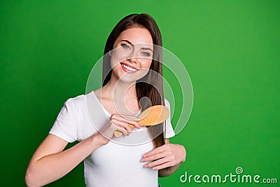 Photo portrait of woman grooming hair with brush isolated on vivid green colored background Stock Photo