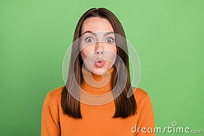 Photo portrait woman wearing casual outfit pouted lips stare isolated pastel green color background Stock Photo