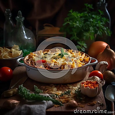 Pasta casserole with meat and vegetables on the table close-up Stock Photo