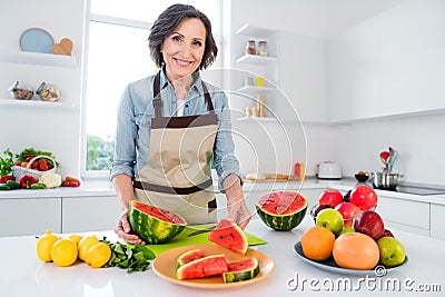 Photo of positive cheerful old woman good mood watermelon fruit smile enjoy indoors inside house home kitchen Stock Photo