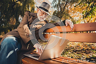 Photo of positive old man rest relax autumn colorful holiday forest city center park sit bench use laptop chat son Stock Photo