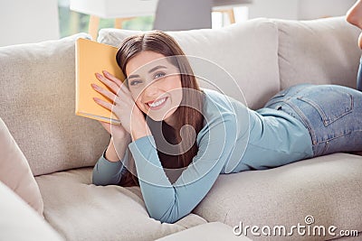 Photo of positive reader lady stay home enjoy novel book lay comfy sofa smile wear blue shirt home indoors Stock Photo