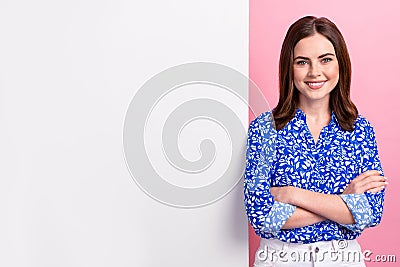 Photo of positive satisfied glad cheerful businesswoman wear blue shirt crossed arms near paper advert proposition Stock Photo