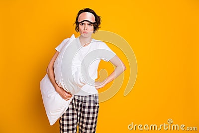 Photo of pretty aggressive lady hold hands big pillow morning quarantine stay home noisy neighbors don`t let sleep wear Stock Photo
